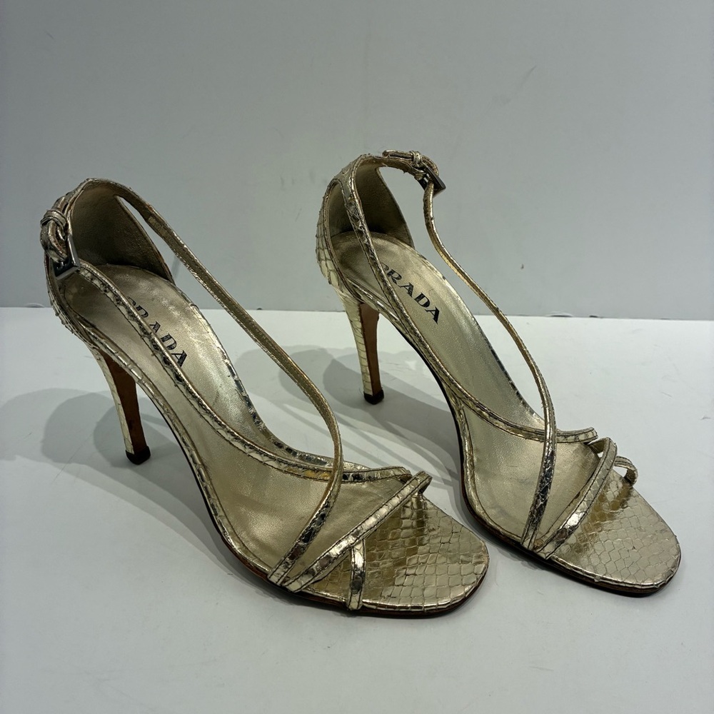 Prada Vintage Y2K Gold Snake Skin Open-toe Pumps Eu 35 US 5 - Picture 2 of 13